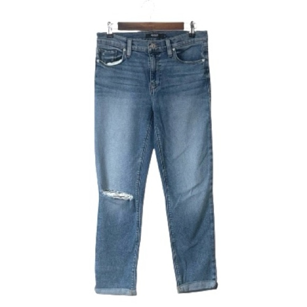 Hudson Nico Jeans Straight Leg Distressed Busted Knee Cuff Blue Denim Stretch 29
